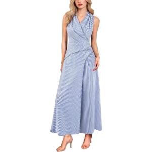 image:imageVFSHOW Womens Wedding Guest Dress Wrap V Neck Pocket Business Cocktail Sleeveless Belted Long Fit and Flare A Line DressesBlue and White Striped