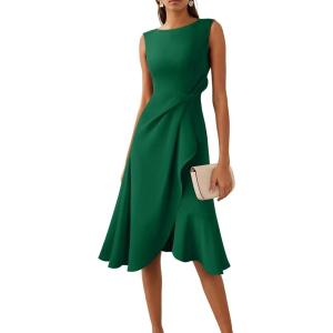 image:imageVFSHOW Womens Asymmetric Ruffle Ruched Cocktail Sleeveless Elegant Boat Neck Wedding Guest Business Formal A Line Midi DressDark Green