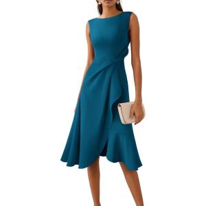 image:imageVFSHOW Womens Asymmetric Ruffle Ruched Cocktail Sleeveless Elegant Boat Neck Wedding Guest Business Formal A Line Midi DressPeacock Blue