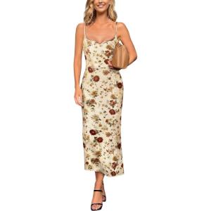image:imageVFSHOW Womens Summer Spaghetti Strap Cocktail Party Midi Dress 2026 Sweetheart Neck Beach Wedding Guest Slip Bodycon DressesBeige Jacquard Lace Floral