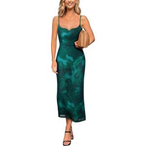 image:imageVFSHOW Womens Summer Spaghetti Strap Cocktail Party Midi Dress 2026 Sweetheart Neck Beach Wedding Guest Slip Bodycon DressesGreen Floral Print