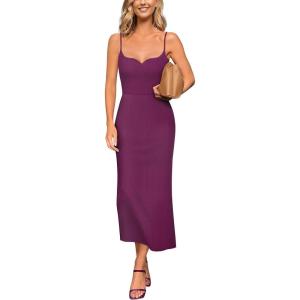 image:imageVFSHOW Womens Summer Spaghetti Strap Cocktail Party Midi Dress 2026 Sweetheart Neck Beach Wedding Guest Slip Bodycon DressesPlum Purple