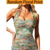 image:imageVFSHOW Womens 2025 Halter Off Shoulder Cocktail Ruched Bodycon Midi Dress Sexy Backless Slim Fitted Wedding Guest DressesGreen and Orange Floral Print