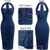 image:imageVFSHOW Womens 2025 Halter Off Shoulder Cocktail Ruched Bodycon Midi Dress Sexy Backless Slim Fitted Wedding Guest DressesNavy Blue