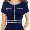 image:imageVFSHOW Womens Buttons Pockets Office Business ALine Dresses Short Sleeve Work Crew Neck Tweed Trim Fit and Flare Swing DressNavy Blue