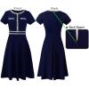 image:imageVFSHOW Womens Buttons Pockets Office Business ALine Dresses Short Sleeve Work Crew Neck Tweed Trim Fit and Flare Swing DressNavy Blue