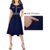 image:imageVFSHOW Womens Buttons Pockets Office Business ALine Dresses Short Sleeve Work Crew Neck Tweed Trim Fit and Flare Swing DressNavy Blue