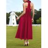 image:imageVFSHOW Womens Casual Halter V Neck Midi Long Dress Wedding Guest Beach Flowy A Line Smocked SundressSolid Red
