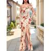 image:imageVFSHOW Womens Ruffle One Shoulder Strap Ruched Formal Prom Wedding Maxi Dress V Neck Elegant Split Cocktail Evening Long GownBeige With Red Flower Print