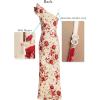 image:imageVFSHOW Womens Ruffle One Shoulder Strap Ruched Formal Prom Wedding Maxi Dress V Neck Elegant Split Cocktail Evening Long GownBeige With Red Flower Print