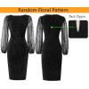 image:imageVFSHOW Womens Shiny Black Cocktail Front Zipper Illusion Mesh Embroidery Bishop Sleeve Tie Waist Party Bodycon Pencil Dress 9020 BLK M