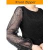 image:imageVFSHOW Womens Shiny Black Cocktail Front Zipper Illusion Mesh Embroidery Bishop Sleeve Tie Waist Party Bodycon Pencil Dress 9020 BLK M