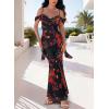 image:imageVFSHOW Womens Spaghetti Strap Ruffle Ruched Bodycon Maxi Long Dress 2026 Off the Shoulder Formal Prom Evening Gala GownBlack With Red Floral Print