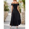 image:imageVFSHOW Womens Summer Off the Shoulder Wedding Guest Dress 2026 Ruffle Pocket Sleeveless Formal A Line Flowy Long Maxi DressesBlack