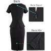 image:imageVFSHOW Womens Work Business Office Front Zipper Peplum Bodycon Dresses Elegant Short Sleeve Slim Church Pencil Sheath DressBlackp