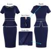 image:imageVFSHOW Womens Work Business Office Front Zipper Peplum Bodycon Dresses Elegant Short Sleeve Slim Church Pencil Sheath DressNavy Blue With White Piping