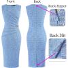 image:imageVFSHOW Womens Work Office Business Casual Sleeveless Ruched Elegant Professional Church Cocktail Party Pencil Sheath DressLight Blue and White Tweed