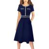 image:imageVFSHOW Womens Buttons Pockets Office Business ALine Dresses Short Sleeve Work Crew Neck Tweed Trim Fit and Flare Swing DressNavy Blue