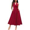 image:imageVFSHOW Womens Casual Halter V Neck Midi Long Dress Wedding Guest Beach Flowy A Line Smocked SundressSolid Red