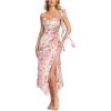 image:imageVFSHOW Womens Cowl Neck Ruffle Spaghetti Strap Wedding Guest Midi Dress Ruched Slit Formal Cocktail Evening Party DressesPink Floral Print