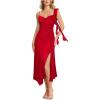 image:imageVFSHOW Womens Cowl Neck Ruffle Spaghetti Strap Wedding Guest Midi Dress Ruched Slit Formal Cocktail Evening Party DressesRed