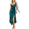 image:imageVFSHOW Womens Cowl Neck Ruffle Spaghetti Strap Wedding Guest Midi Dress Ruched Slit Formal Cocktail Evening Party DressesTeal Green Floral Print