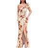 image:imageVFSHOW Womens Ruffle One Shoulder Strap Ruched Formal Prom Wedding Maxi Dress V Neck Elegant Split Cocktail Evening Long GownBeige With Red Flower Print