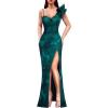 image:imageVFSHOW Womens Ruffle One Shoulder Strap Ruched Formal Prom Wedding Maxi Dress V Neck Elegant Split Cocktail Evening Long GownTeal Green Floral Print