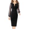 image:imageVFSHOW Womens Shiny Black Cocktail Front Zipper Illusion Mesh Embroidery Bishop Sleeve Tie Waist Party Bodycon Pencil Dress 9020 BLK M