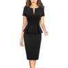 image:imageVFSHOW Womens Work Business Office Front Zipper Peplum Bodycon Dresses Elegant Short Sleeve Slim Church Pencil Sheath DressBlackp