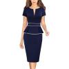 image:imageVFSHOW Womens Work Business Office Front Zipper Peplum Bodycon Dresses Elegant Short Sleeve Slim Church Pencil Sheath DressNavy Blue With White Piping