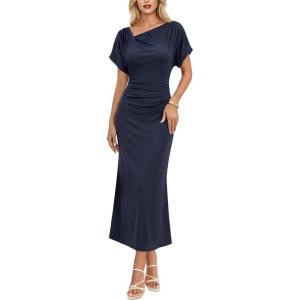 image:imageVFSHOW Womens Ruched Semi Formal Cocktail Dress 2026 Elegant Asymmetrical Neckline Business Church Wedding Guest Long DressNavy Blue