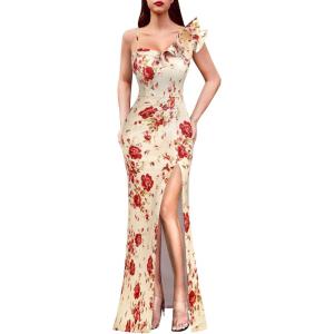 image:imageVFSHOW Womens Ruffle One Shoulder Strap Ruched Formal Prom Wedding Maxi Dress V Neck Elegant Split Cocktail Evening Long GownBeige With Red Flower Print