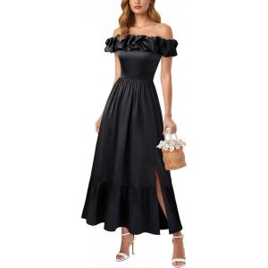 image:imageVFSHOW Womens Summer Off the Shoulder Wedding Guest Dress 2026 Ruffle Pocket Sleeveless Formal A Line Flowy Long Maxi DressesBlack