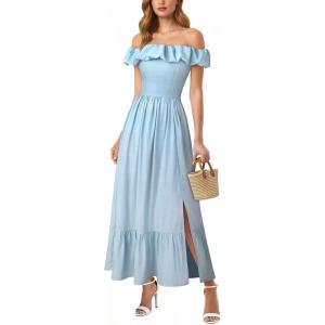 image:imageVFSHOW Womens Summer Off the Shoulder Wedding Guest Dress 2026 Ruffle Pocket Sleeveless Formal A Line Flowy Long Maxi DressesLight Blue