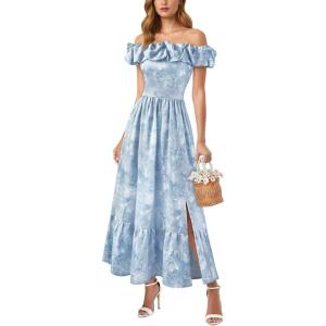 image:imageVFSHOW Womens Summer Off the Shoulder Wedding Guest Dress 2026 Ruffle Pocket Sleeveless Formal A Line Flowy Long Maxi DressesLight Blue Floral