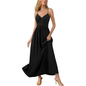 image:imageVFSHOW Womens Summer Spaghetti Strap V Neck Long Dress 2026 Casual Beach Vacation Wedding Guest Pockets Flowy A Line SundressBlack
