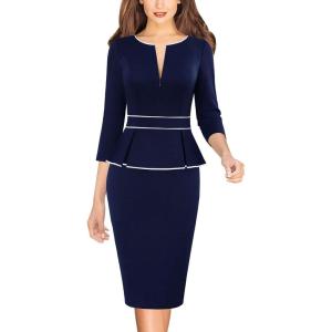 image:imageVFSHOW Womens Wear to Work Front Zipper V Neck Peplum Business Office Church Flattering Pencil Sheath DressNavy Bluewhite Piping