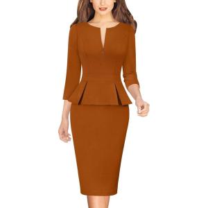 image:imageVFSHOW Womens Wear to Work Front Zipper V Neck Peplum Business Office Church Flattering Pencil Sheath DressRust Orange