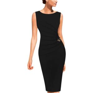 image:imageVFSHOW Womens Work Office Business Casual Sleeveless Ruched Elegant Professional Church Cocktail Party Pencil Sheath DressBlack