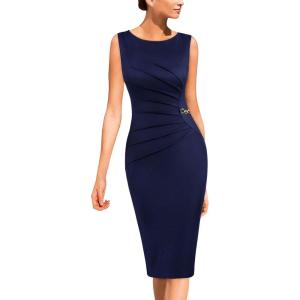 image:imageVFSHOW Womens Work Office Business Casual Sleeveless Ruched Elegant Professional Church Cocktail Party Pencil Sheath DressDark Blue