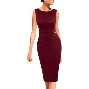 image:imageVFSHOW Womens Work Office Business Casual Sleeveless Ruched Elegant Professional Church Cocktail Party Pencil Sheath DressDark Red