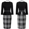image:imageVFSHOW Womens Pleated Crew Neck Peplum Slim Work Business Dress Elegant 34 Sleeves Office Church Bodycon Pencil Sheath DressBlack White Tartan Printa