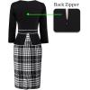 image:imageVFSHOW Womens Pleated Crew Neck Peplum Slim Work Business Dress Elegant 34 Sleeves Office Church Bodycon Pencil Sheath DressBlack White Tartan Printa