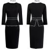 image:imageVFSHOW Womens Pleated Crew Neck Peplum Slim Work Business Dress Elegant 34 Sleeves Office Church Bodycon Pencil Sheath DressBlack With White Piping