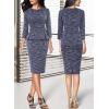 image:imageVFSHOW Womens Pleated Crew Neck Peplum Slim Work Business Dress Elegant 34 Sleeves Office Church Bodycon Pencil Sheath DressBlue Tweed