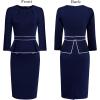 image:imageVFSHOW Womens Pleated Crew Neck Peplum Slim Work Business Dress Elegant 34 Sleeves Office Church Bodycon Pencil Sheath DressBlue With White Piping