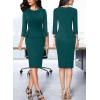 image:imageVFSHOW Womens Pleated Crew Neck Peplum Slim Work Business Dress Elegant 34 Sleeves Office Church Bodycon Pencil Sheath DressDark Green