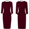 image:imageVFSHOW Womens Pleated Crew Neck Peplum Slim Work Business Dress Elegant 34 Sleeves Office Church Bodycon Pencil Sheath DressDark Red  Black Piping