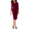 image:imageVFSHOW Womens Pleated Crew Neck Peplum Slim Work Business Dress Elegant 34 Sleeves Office Church Bodycon Pencil Sheath DressDark Red